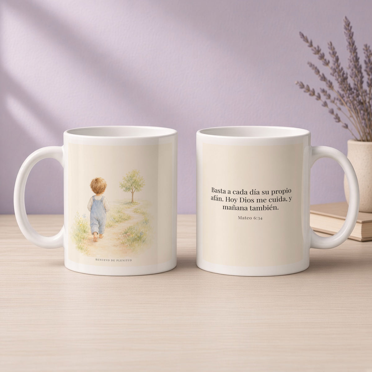 Basta a cada día su propio afán | Taza cristiana para regalar | Mateo 6:34 — 11oz · Devocional lavanda, arte y frase devocional en dos tazas