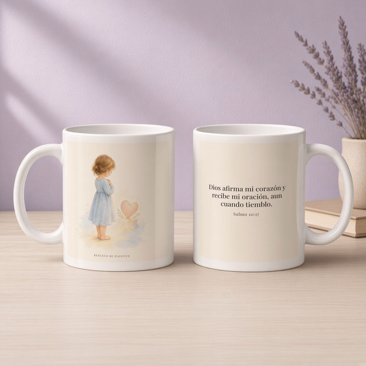 Dios dispone mi corazón cuando oro | Taza de inspiración bíblica | Salmo 10:17 — 11oz · Devocional lavanda, arte y frase devocional en dos tazas