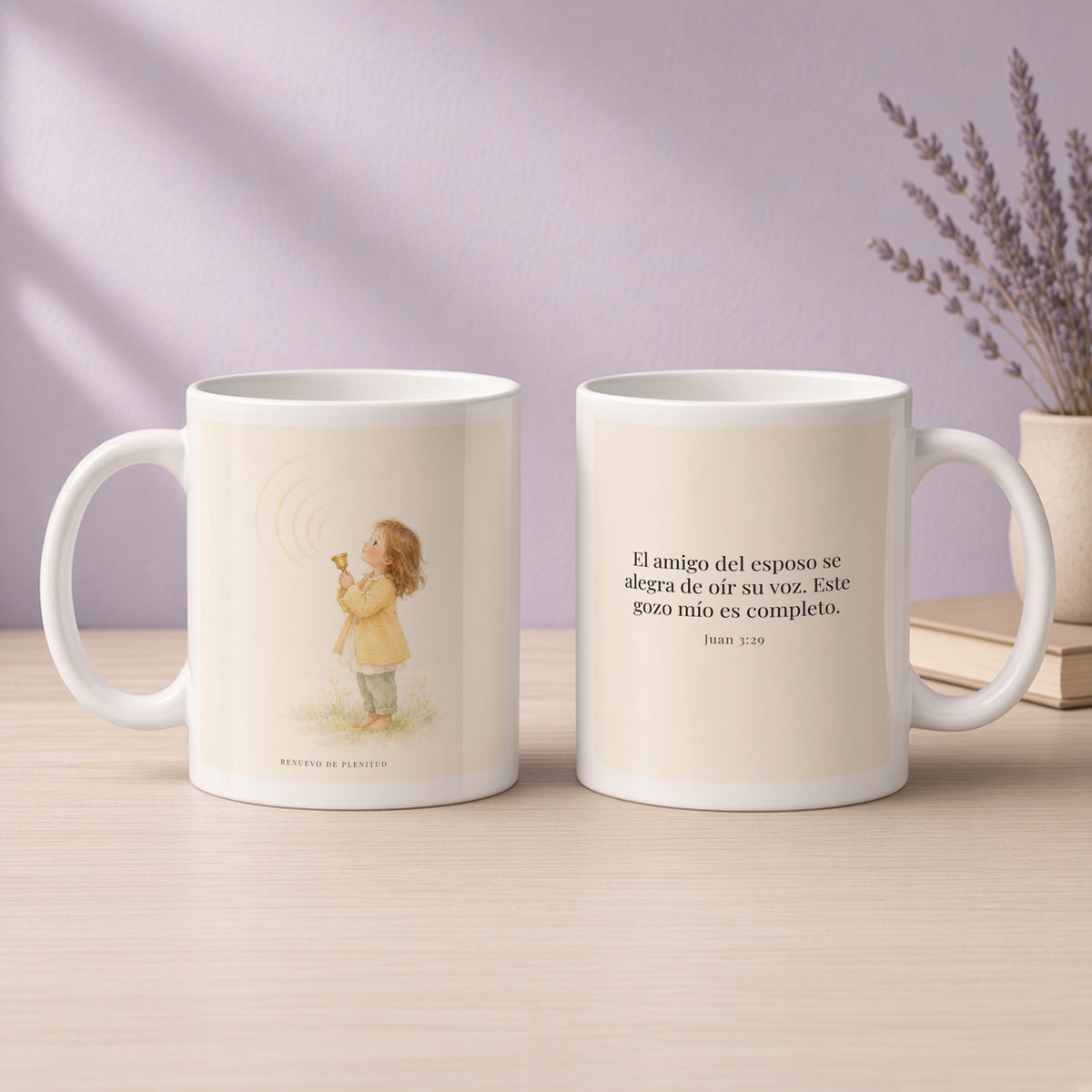El amigo del esposo se alegra | Taza bíblica de cerámica | Juan 3:29 — 11oz · Devocional lavanda, arte y frase devocional en dos tazas