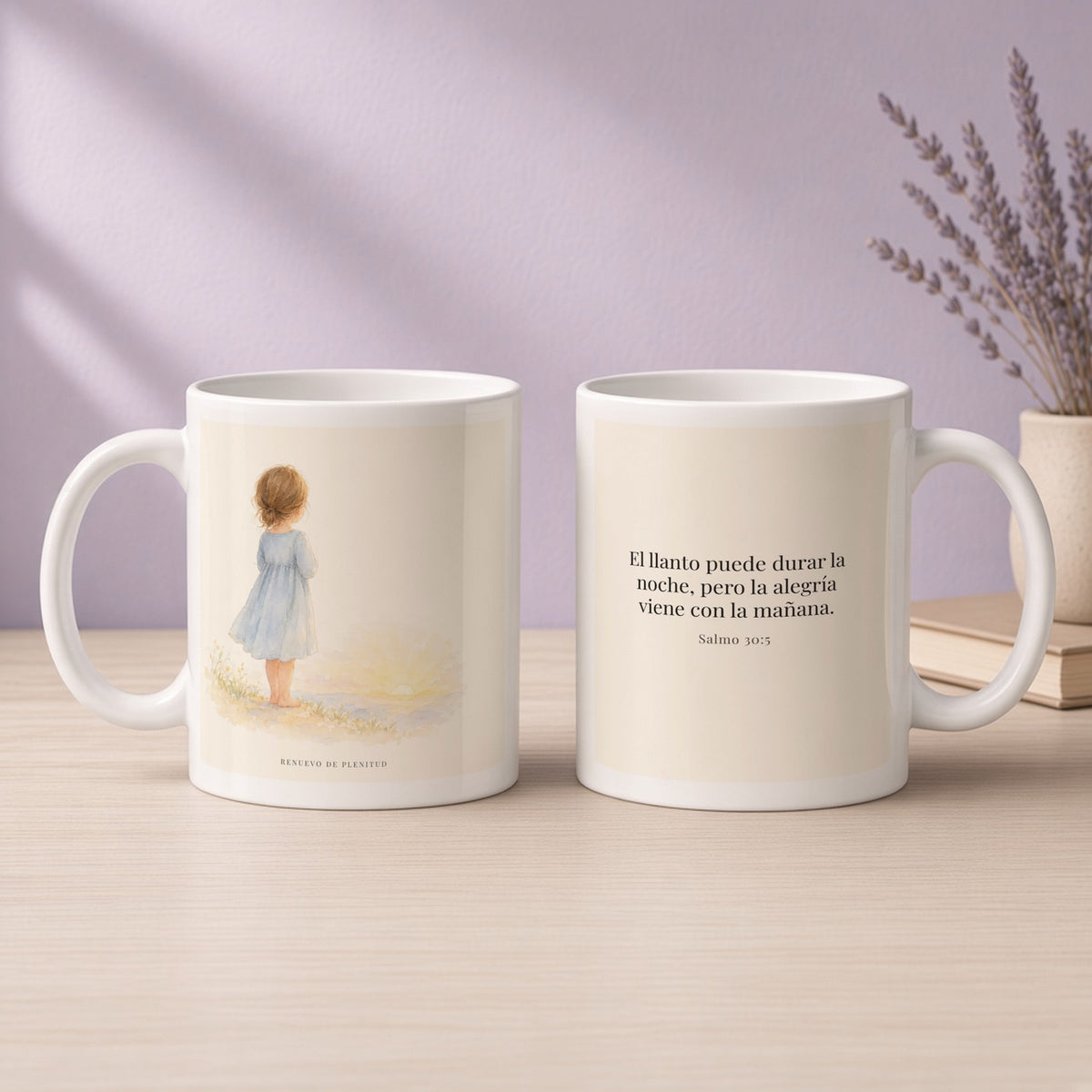 Al llanto le sigue la alegría | Taza de fe para cada mañana | Salmo 30:5 — 11oz · Devocional lavanda, arte y frase devocional en dos tazas