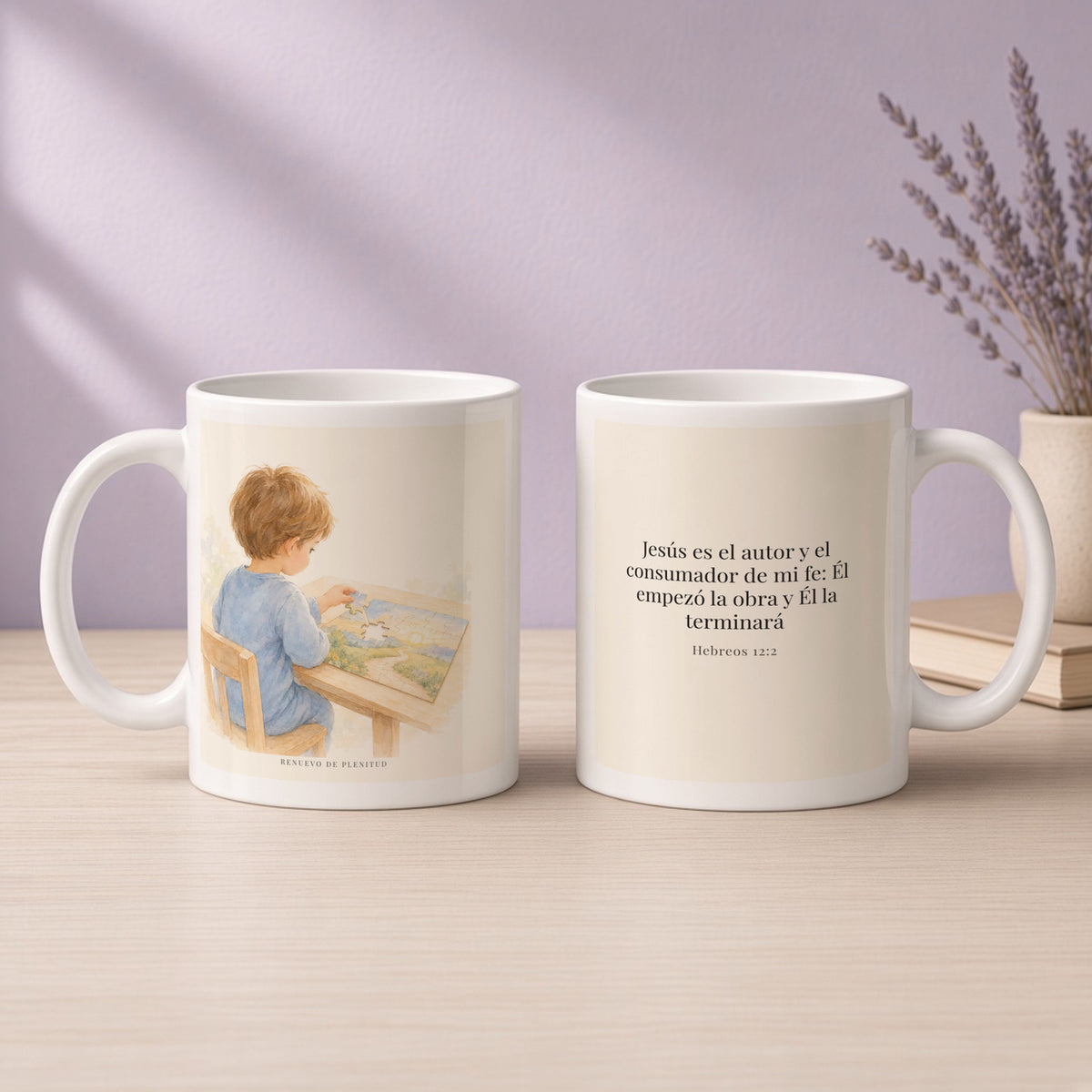 Jesús es el autor y consumador de nuestra fe | Taza cristiana con frase devocional | Hebreos 12:2 — 11oz · Devocional lavanda, arte y frase devocional en dos tazas