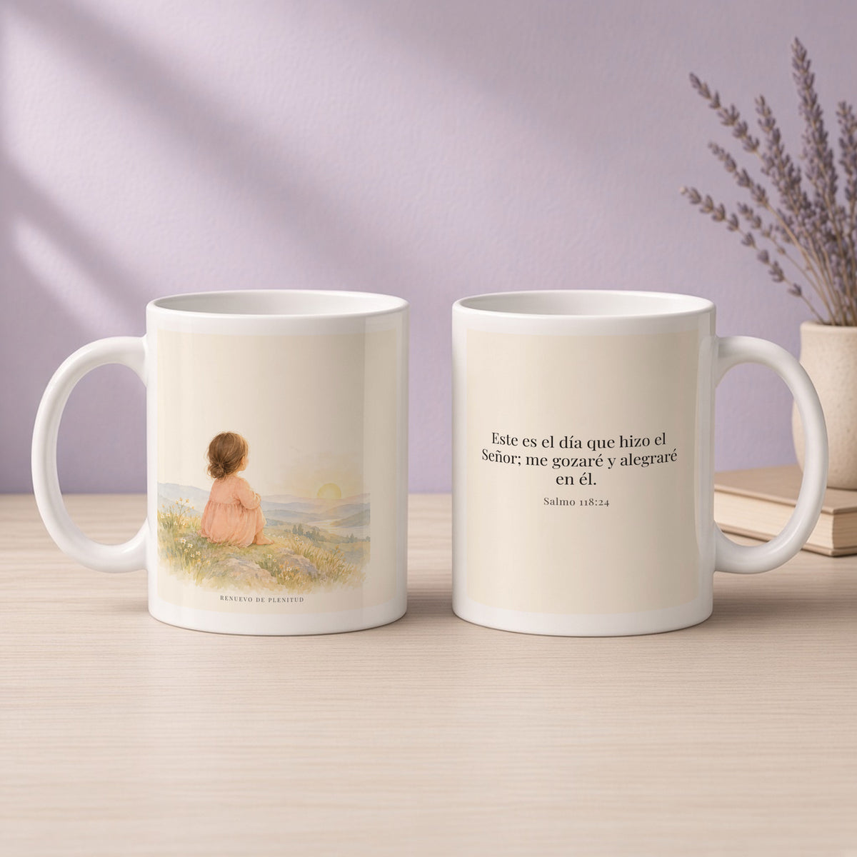 Este es el día que hizo Jehová | Taza cristiana con frase devocional | Salmo 118:24 — 11oz · Devocional lavanda, arte y frase devocional en dos tazas