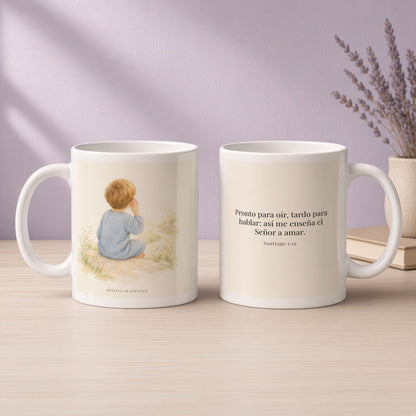 Pronto para oír dice el Señor | Taza cristiana para regalar | Santiago 1:19 — 11oz · Devocional lavanda, arte y frase devocional en dos tazas