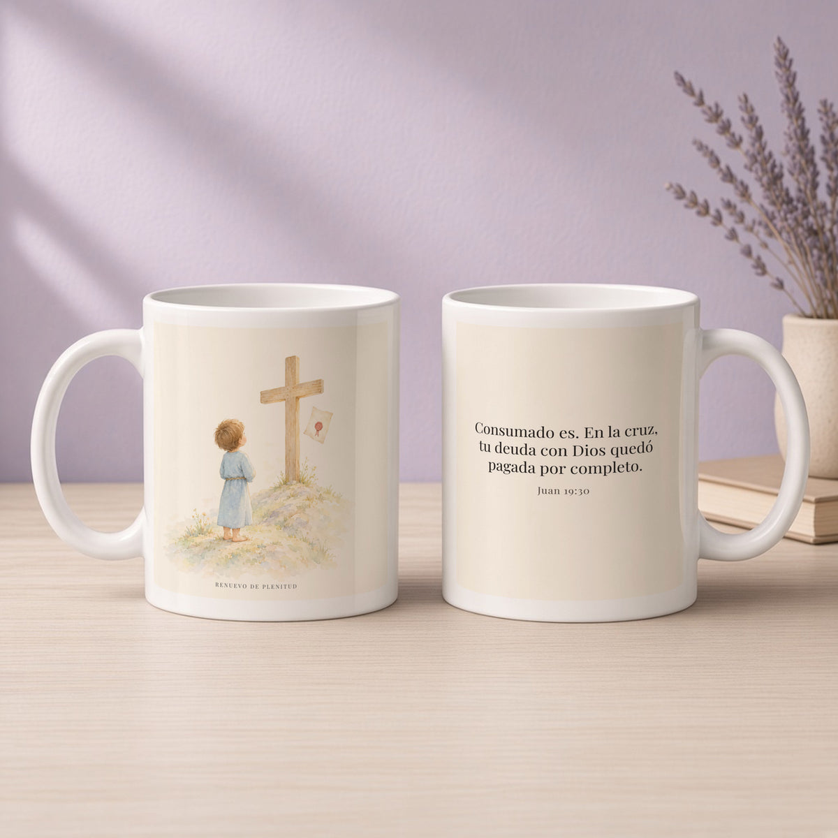 Consumado es: mi deuda quedó pagada | Taza cristiana con frase devocional | Juan 19:30 — 11oz · Devocional lavanda, arte y frase devocional en dos tazas