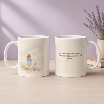 Mi esperanza está firme en Dios | Taza con arte cristiano | Hebreos 6:19 — 11oz · Devocional lavanda, arte y frase devocional en dos tazas
