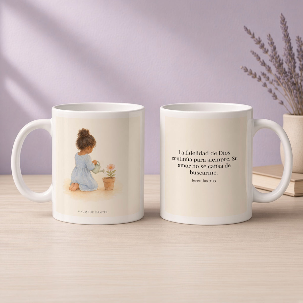 Tu fidelidad continúa para siempre | Taza cristiana con frase devocional | Jeremías 31:3 — 11oz · Devocional lavanda, arte y frase devocional en dos tazas