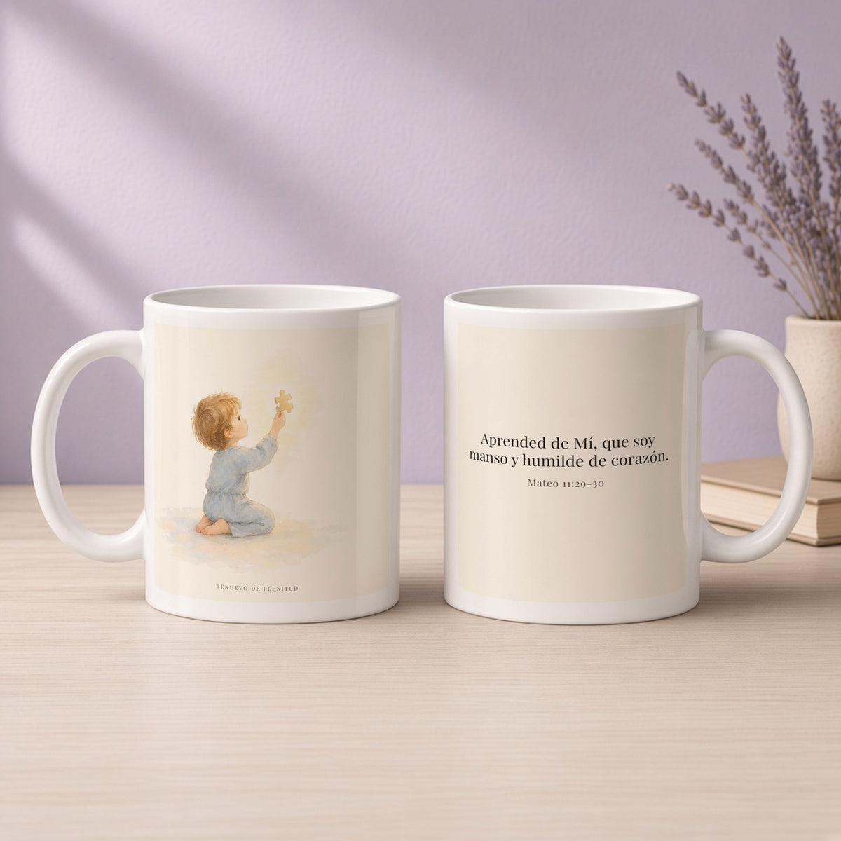 Aprended de Mí, que soy manso y humilde | Taza cristiana en dos tamaños | Mateo 11:29-30 — 11oz · Devocional lavanda, arte y frase devocional en dos tazas