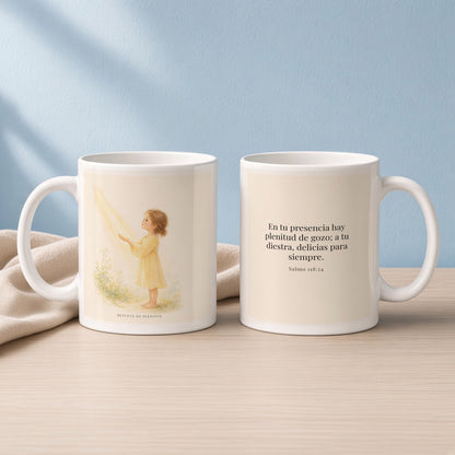 En la presencia de Jehová hay plenitud de gozo | Taza devocional de fe | Salmo 118:24 — 11oz · Lectura azul sereno, arte y frase devocional en dos tazas
