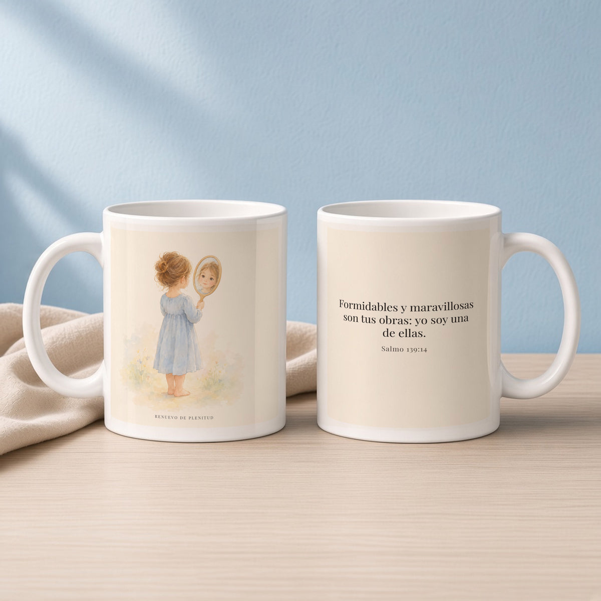 Formidables y maravillosas son tus obras | Taza de fe para cada mañana | Salmo 139:14 — 11oz · Lectura azul sereno, arte y frase devocional en dos tazas