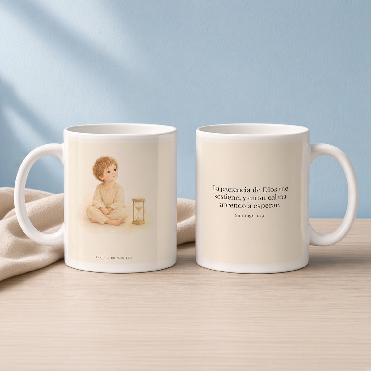 En la paciencia de Dios encuentro reposo | Taza cristiana con frase devocional | Santiago 1:19 — 11oz · Lectura azul sereno, arte y frase devocional en dos tazas