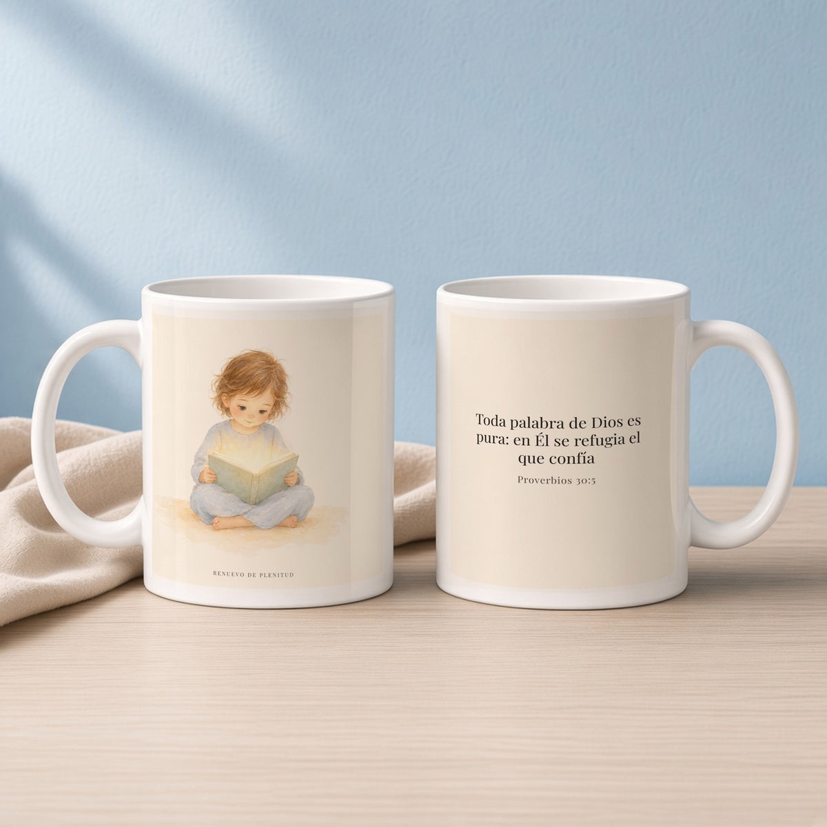Toda palabra de Dios es limpia | Taza devocional de fe | Proverbios 30:5 — 11oz · Lectura azul sereno, arte y frase devocional en dos tazas