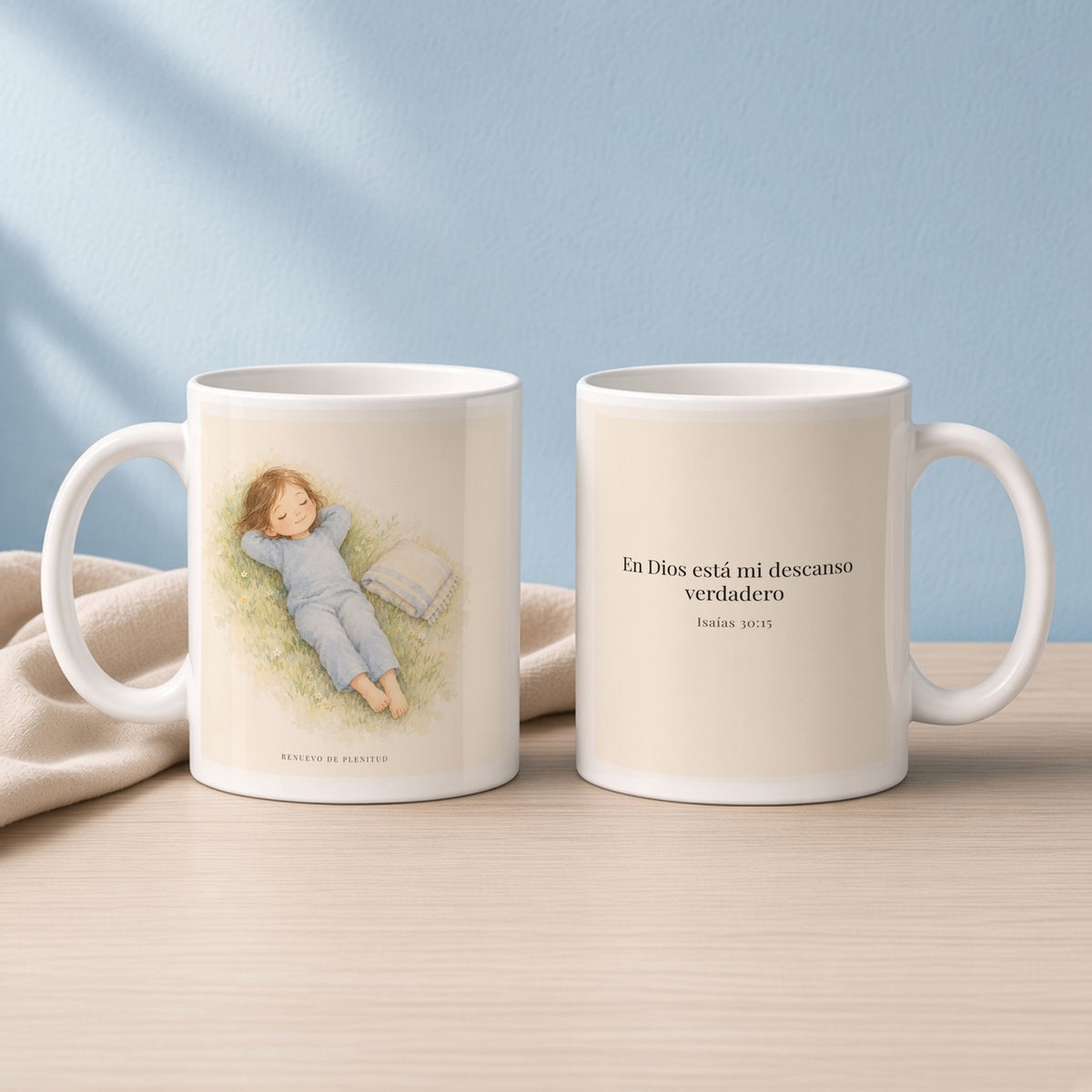 En Dios está mi descanso verdadero | Taza cristiana para regalar | Isaías 30:15 — 11oz · Lectura azul sereno, arte y frase devocional en dos tazas