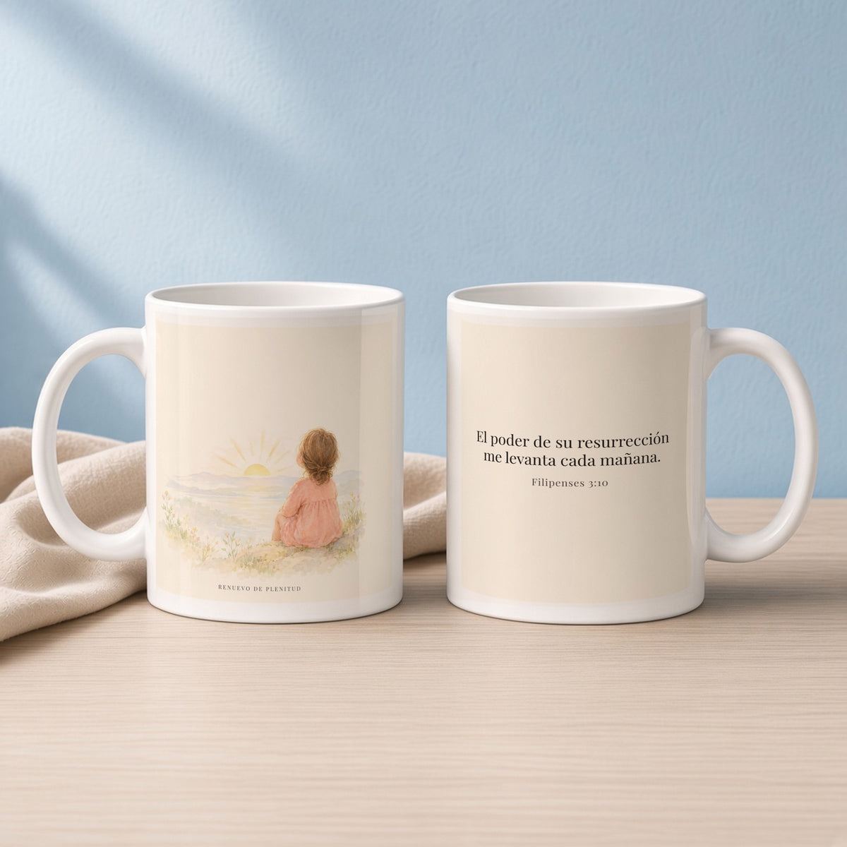 El poder de su resurrección me levanta | Taza de fe para cada mañana | Filipenses 3:10 — 11oz · Lectura azul sereno, arte y frase devocional en dos tazas