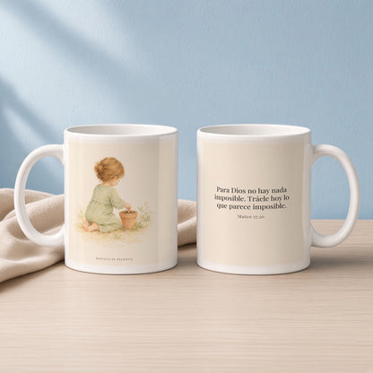 Nada hay imposible para Dios | Taza devocional de fe | Mateo 17:20 — 11oz · Lectura azul sereno, arte y frase devocional en dos tazas
