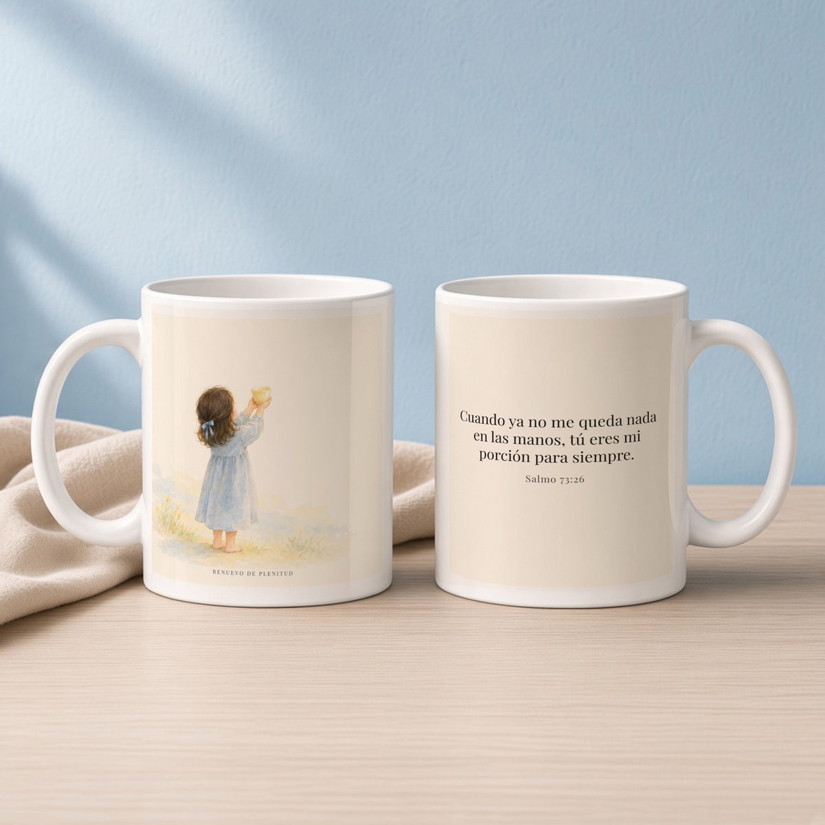 Mi porción eres tú, Señor | Taza devocional ilustrada | Salmo 73:26 — 11oz · Lectura azul sereno, arte y frase devocional en dos tazas