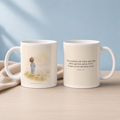 Los pensamientos de Dios son más altos que los míos | Taza cristiana con frase devocional | Isaías 55:9 — 11oz · Lectura azul sereno, arte y frase devocional en dos tazas