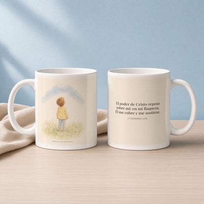 El poder de Cristo descansa sobre mí | Taza devocional ilustrada | 2 Corintios 12:9 — 11oz · Lectura azul sereno, arte y frase devocional en dos tazas