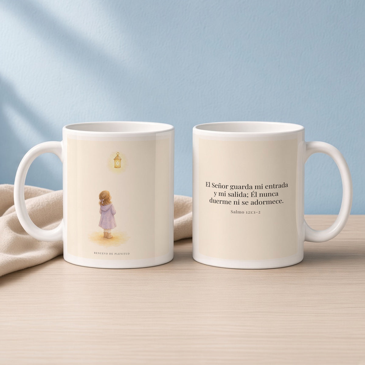 El Señor guarda mi entrada y mi salida | Taza cristiana en dos tamaños | Salmo 121:1-2 — 11oz · Lectura azul sereno, arte y frase devocional en dos tazas