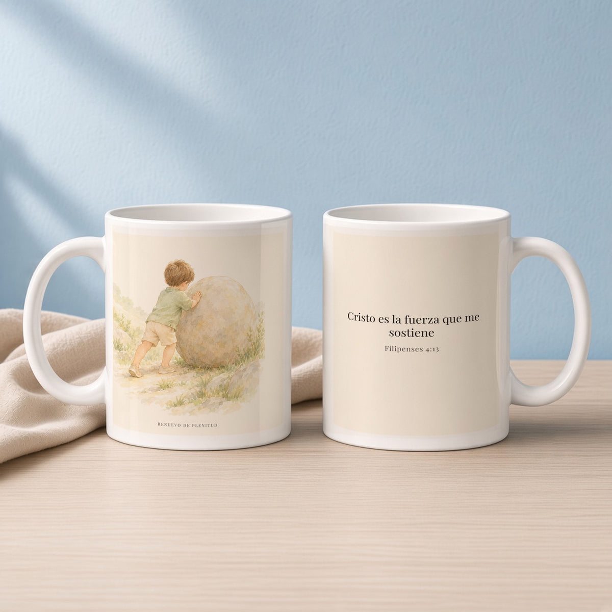 Cristo es la fuerza que me sostiene | Taza cristiana para regalar | Filipenses 4:13 — 11oz · Lectura azul sereno, arte y frase devocional en dos tazas