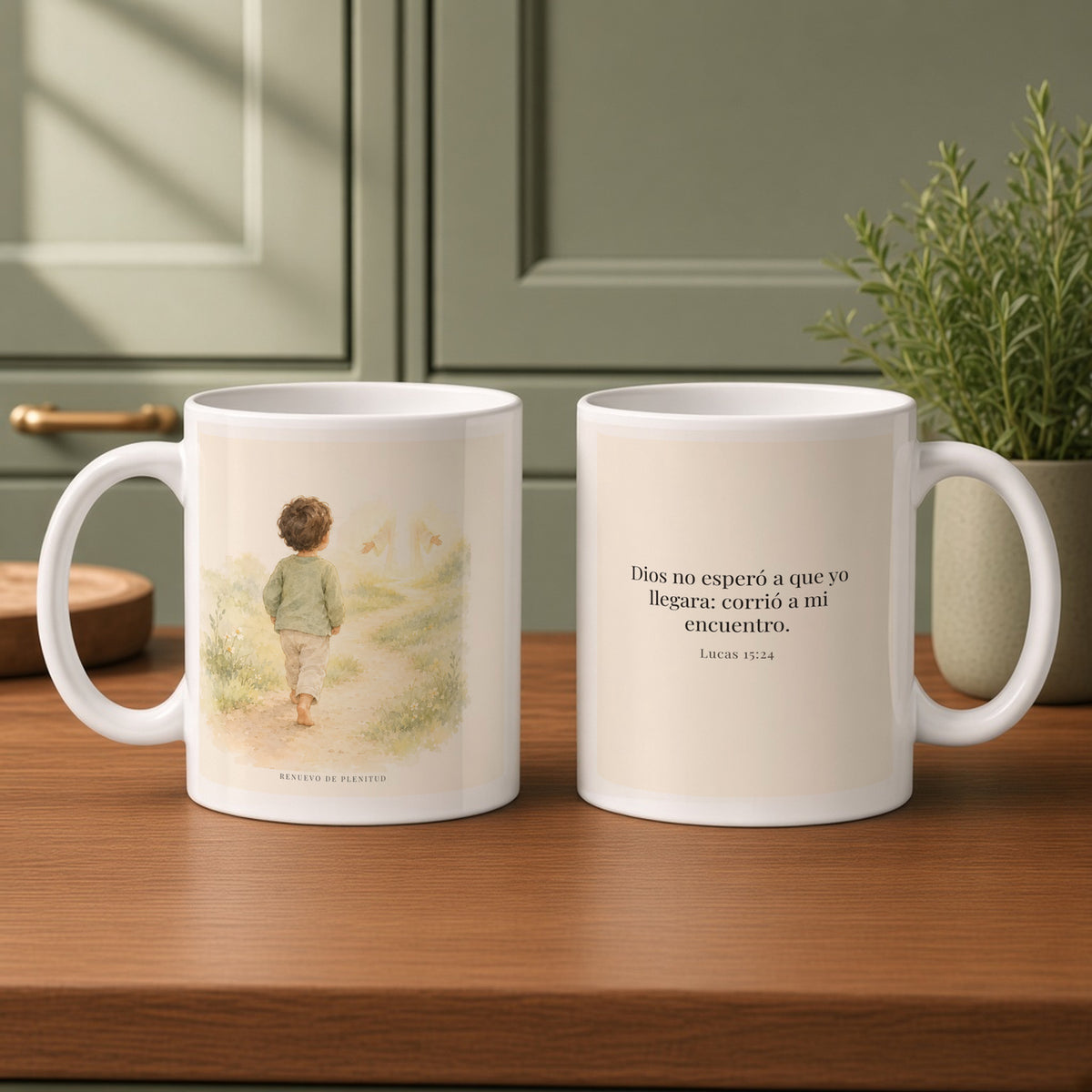 Mi Padre corrió a mi encuentro | Taza con arte cristiano | Lucas 15:24 — 11oz · Cocina verde salvia, arte y frase devocional en dos tazas