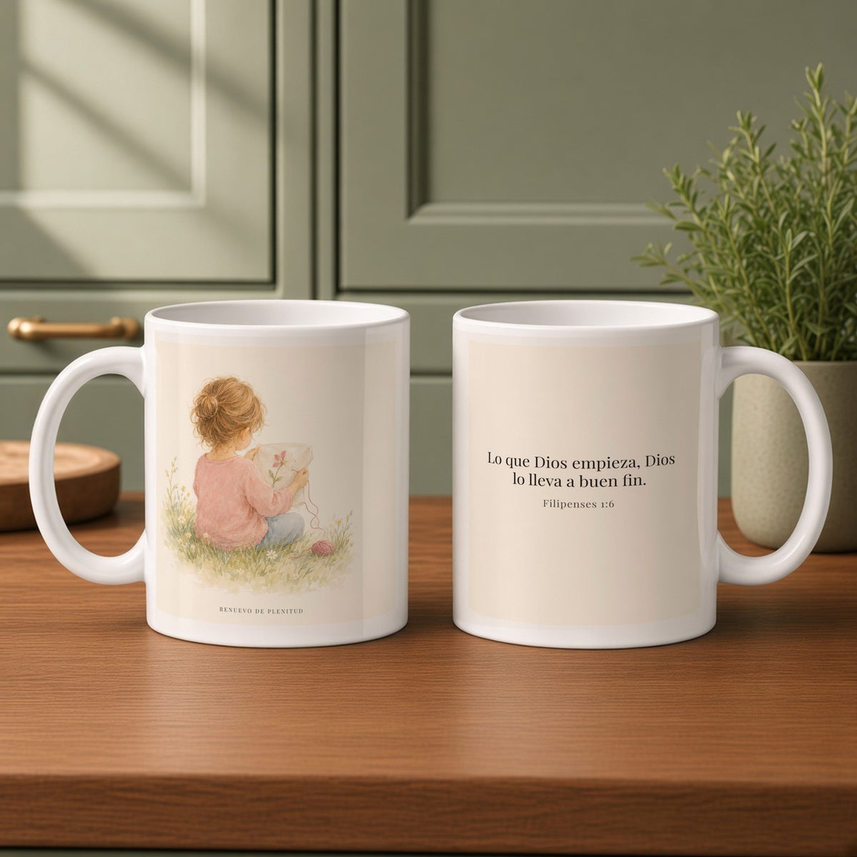 Dios lleva a buen fin la obra que empezó | Taza bíblica de cerámica | Filipenses 1:6 — 11oz · Cocina verde salvia, arte y frase devocional en dos tazas