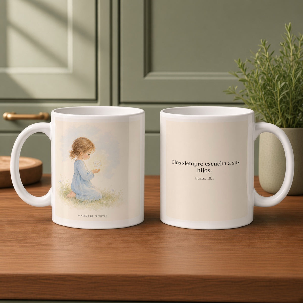 Dios siempre escucha a sus hijos | Taza cristiana en dos tamaños | Lucas 18:1 — 11oz · Cocina verde salvia, arte y frase devocional en dos tazas