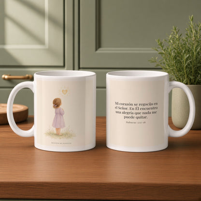 Mi corazón se regocija en el Señor | Taza bíblica para café | Habacuc 3:17-18 — 11oz · Cocina verde salvia, arte y frase devocional en dos tazas
