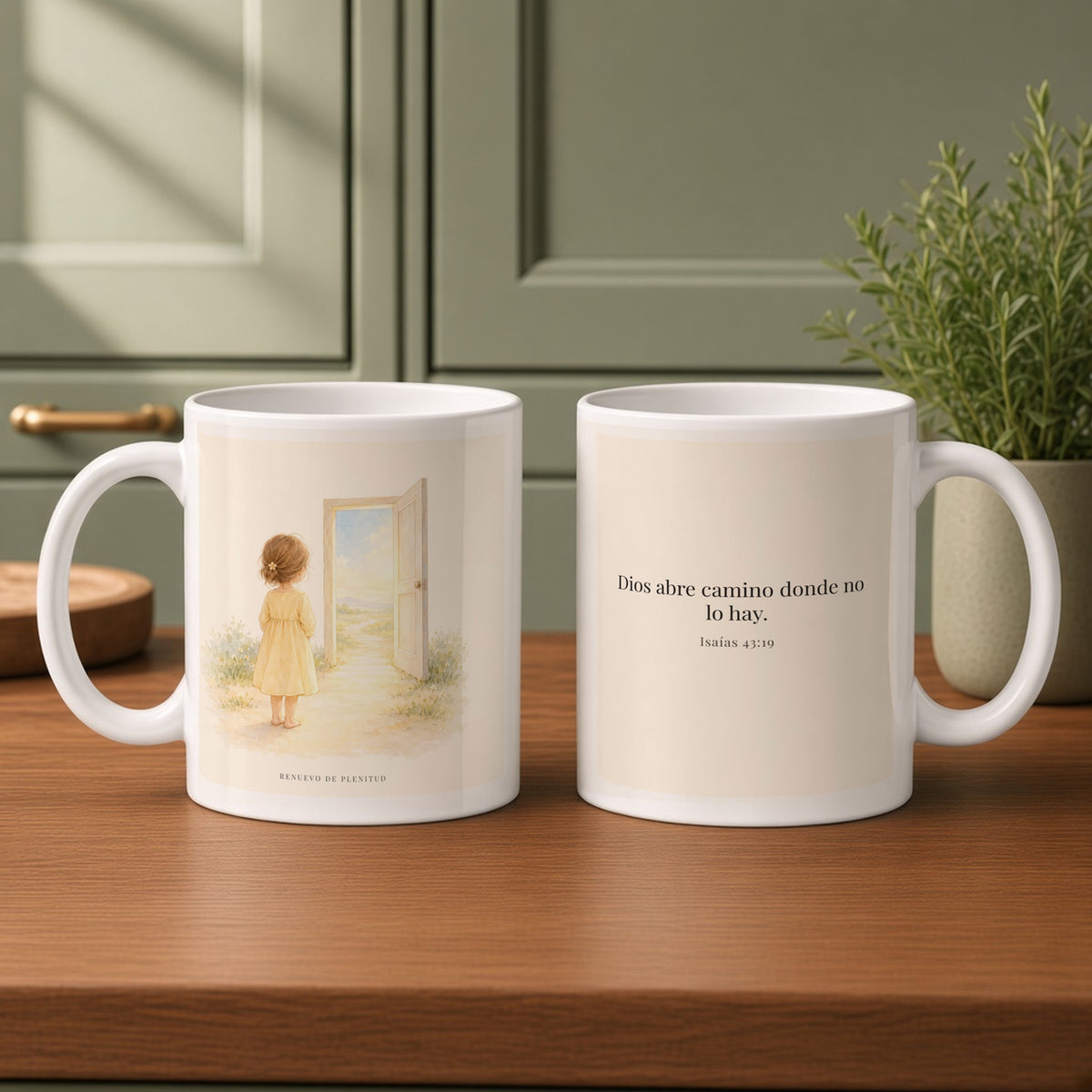 Dios abre camino donde no lo hay | Taza cristiana en dos tamaños | Isaías 43:19 — 11oz · Cocina verde salvia, arte y frase devocional en dos tazas