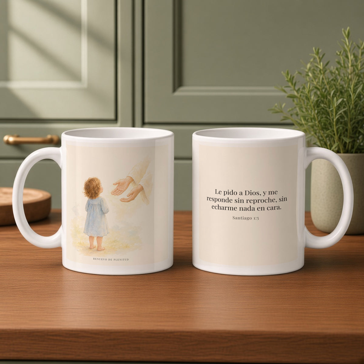 Dios me responde sin echármelo en cara | Taza devocional ilustrada | Santiago 1:5 — 11oz · Cocina verde salvia, arte y frase devocional en dos tazas