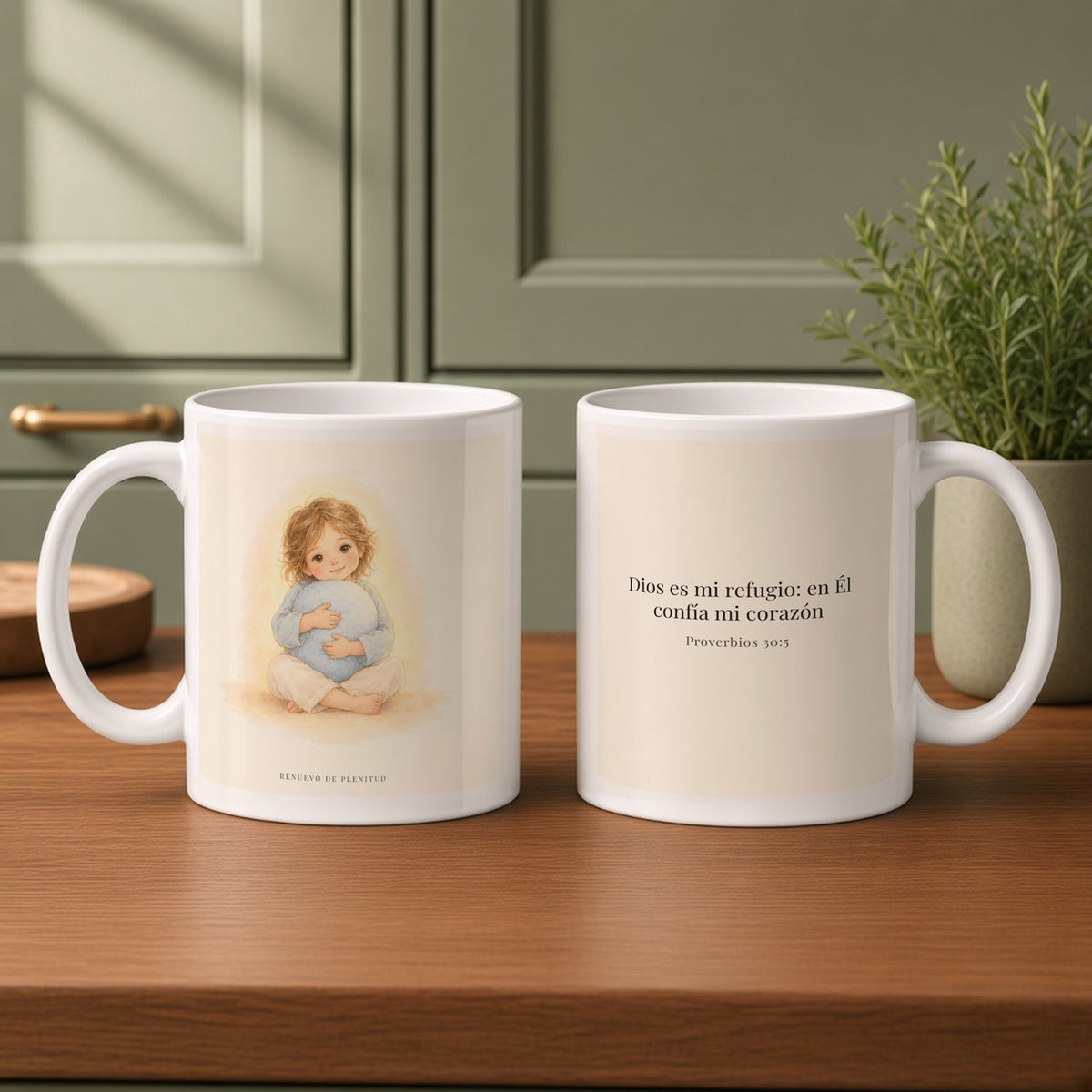 En Dios encuentro mi refugio | Taza cristiana con frase devocional | Proverbios 30:5 — 11oz · Cocina verde salvia, arte y frase devocional en dos tazas