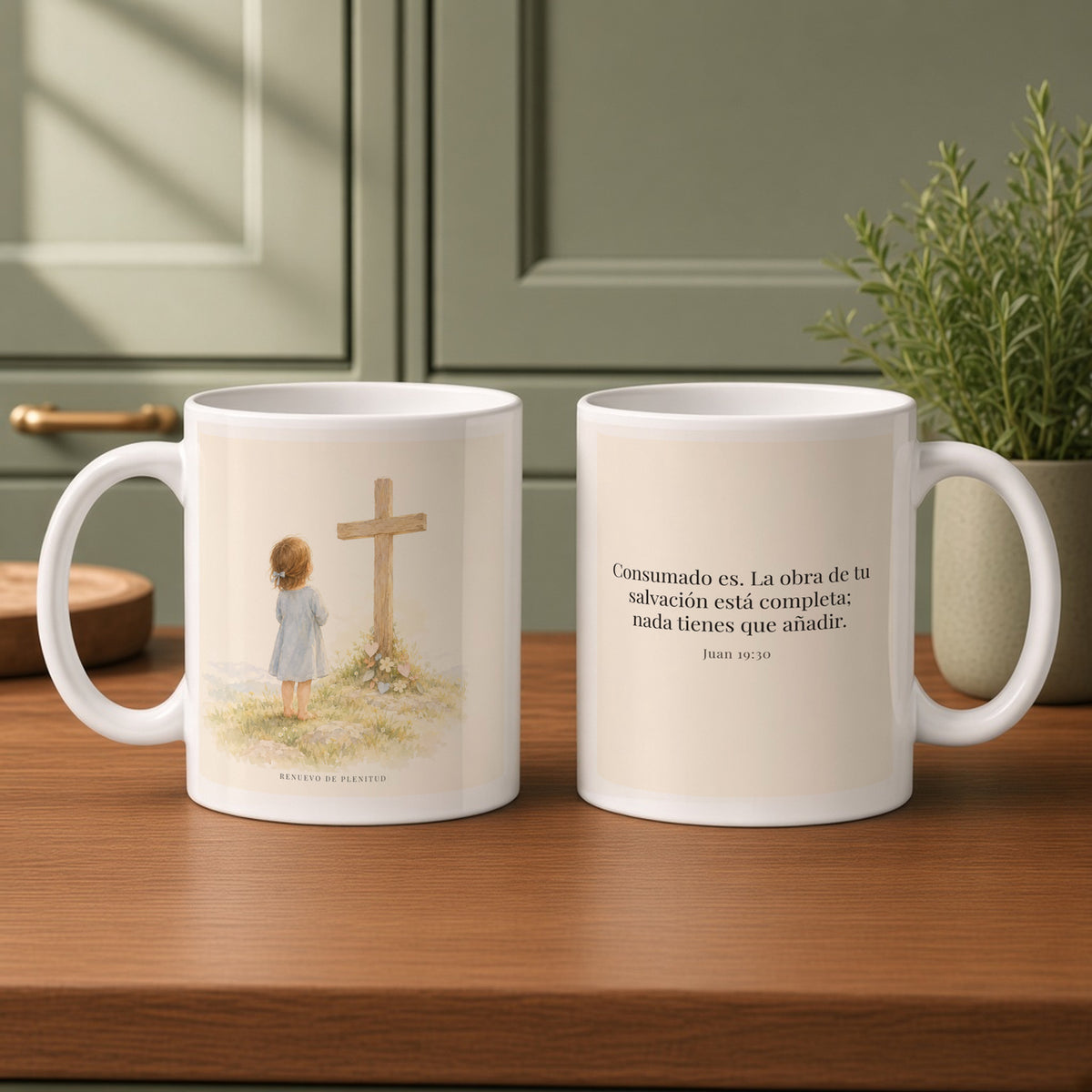 Consumado es: ya nada falta en la obra de Cristo | Taza bíblica para café | Juan 19:30 — 11oz · Cocina verde salvia, arte y frase devocional en dos tazas