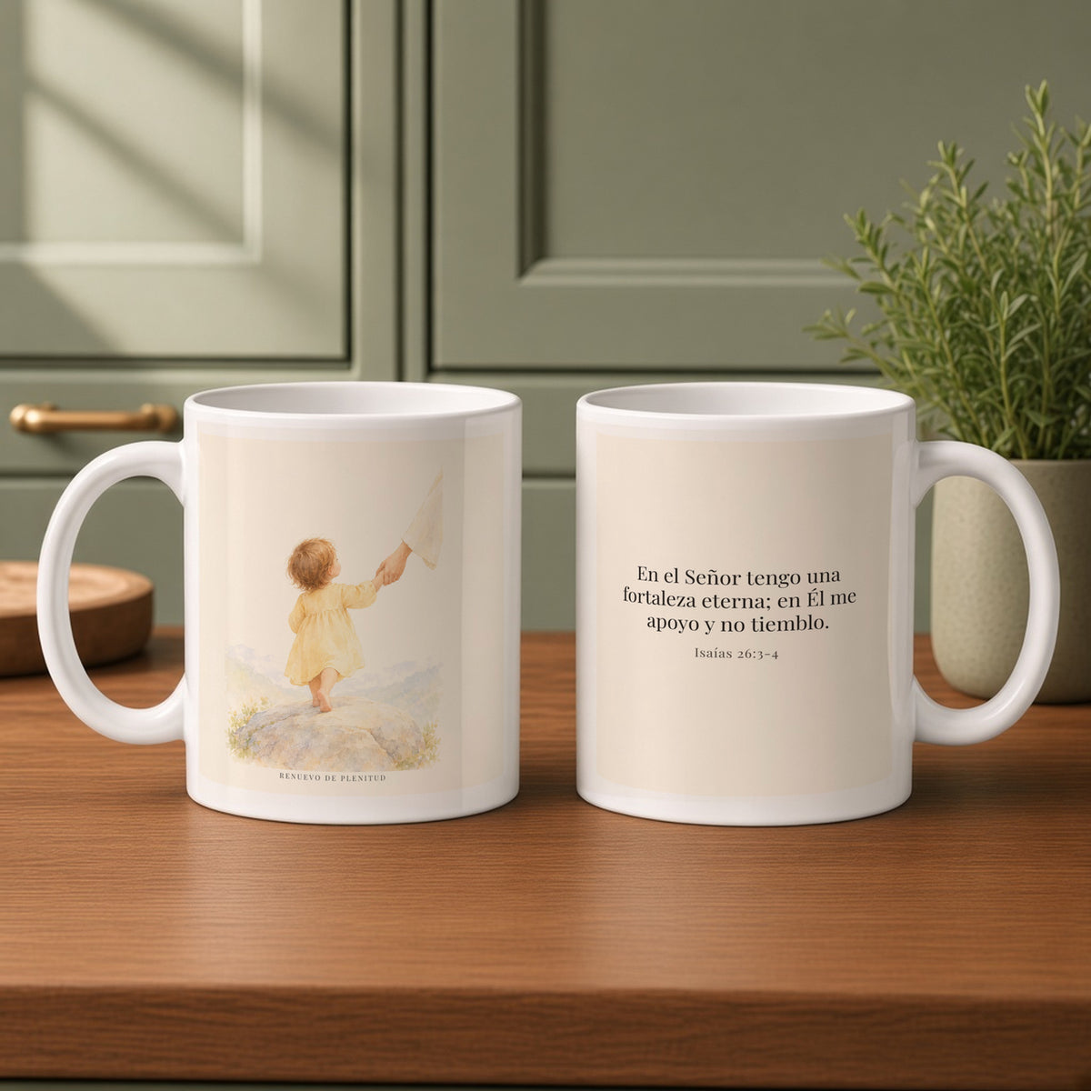 El Señor es mi fortaleza eterna | Taza con arte cristiano | Isaías 26:3-4 — 11oz · Cocina verde salvia, arte y frase devocional en dos tazas
