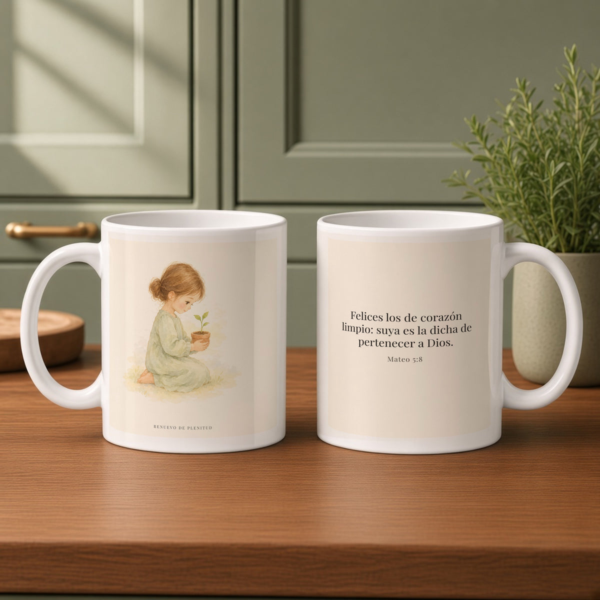Felices los que pertenecen a Dios | Taza cristiana en dos tamaños | Mateo 5:8 — 11oz · Cocina verde salvia, arte y frase devocional en dos tazas