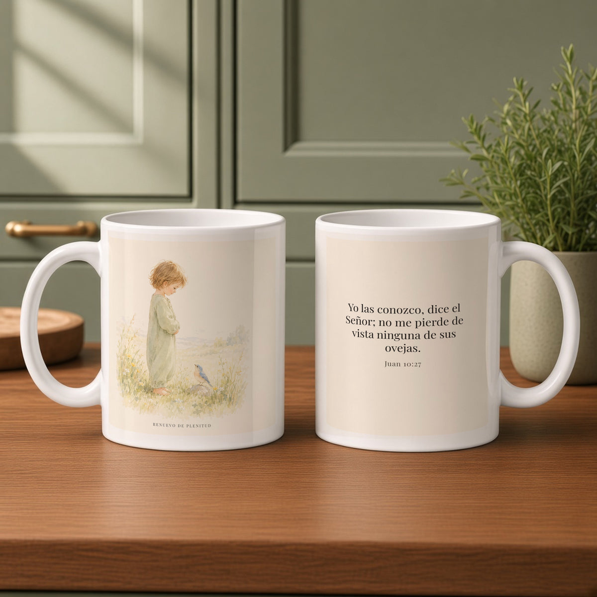 El Señor me conoce por mi nombre | Taza de fe para cada mañana | Juan 10:27 — 11oz · Cocina verde salvia, arte y frase devocional en dos tazas