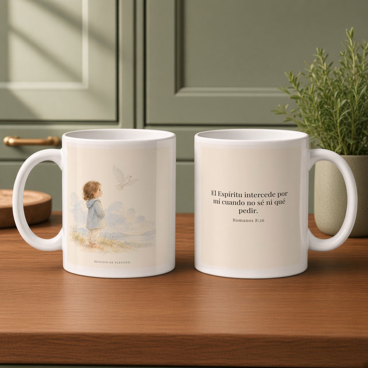 El Espíritu ora por mí cuando no tengo palabras | Taza bíblica de cerámica | Romanos 8:26 — 11oz · Cocina verde salvia, arte y frase devocional en dos tazas