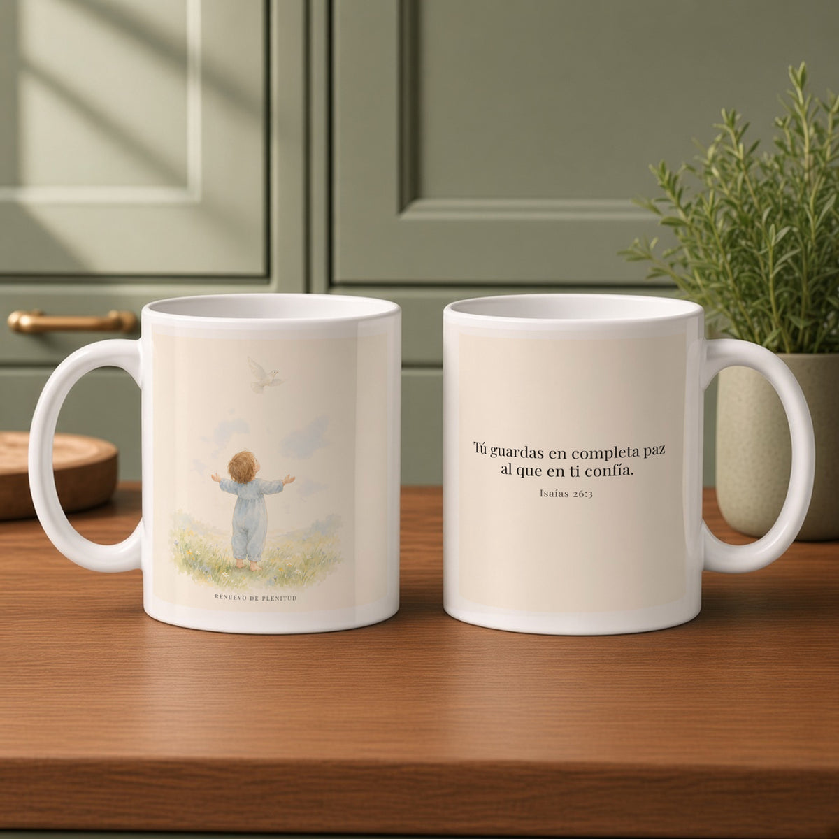 Tú guardas en paz al que confía en ti | Taza devocional ilustrada | Isaías 26:3 — 11oz · Cocina verde salvia, arte y frase devocional en dos tazas