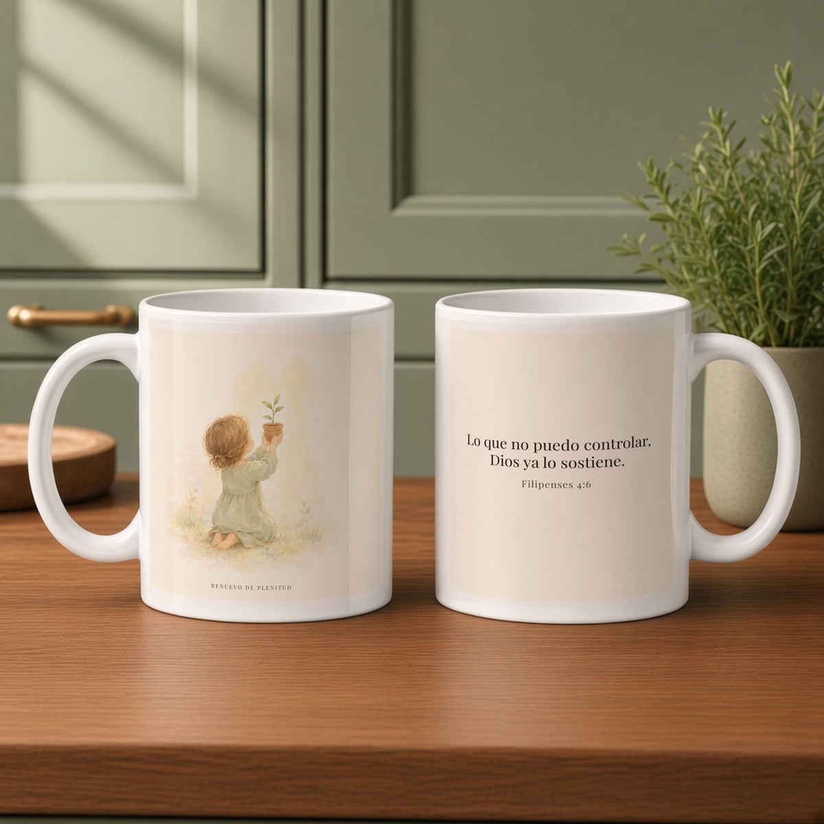 Dios cuida lo que yo no puedo controlar | Taza bíblica de cerámica | Filipenses 4:6 — 11oz · Cocina verde salvia, arte y frase devocional en dos tazas