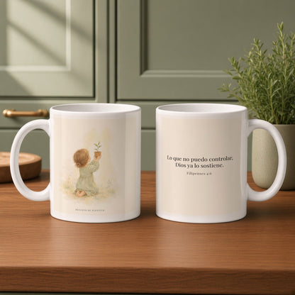 Dios cuida lo que yo no puedo controlar | Taza bíblica de cerámica | Filipenses 4:6 — 11oz · Cocina verde salvia, arte y frase devocional en dos tazas