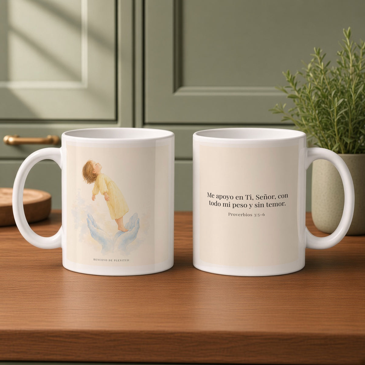 En Jehová confío de todo corazón | Taza devocional de fe | Proverbios 3:5-6 — 11oz · Cocina verde salvia, arte y frase devocional en dos tazas