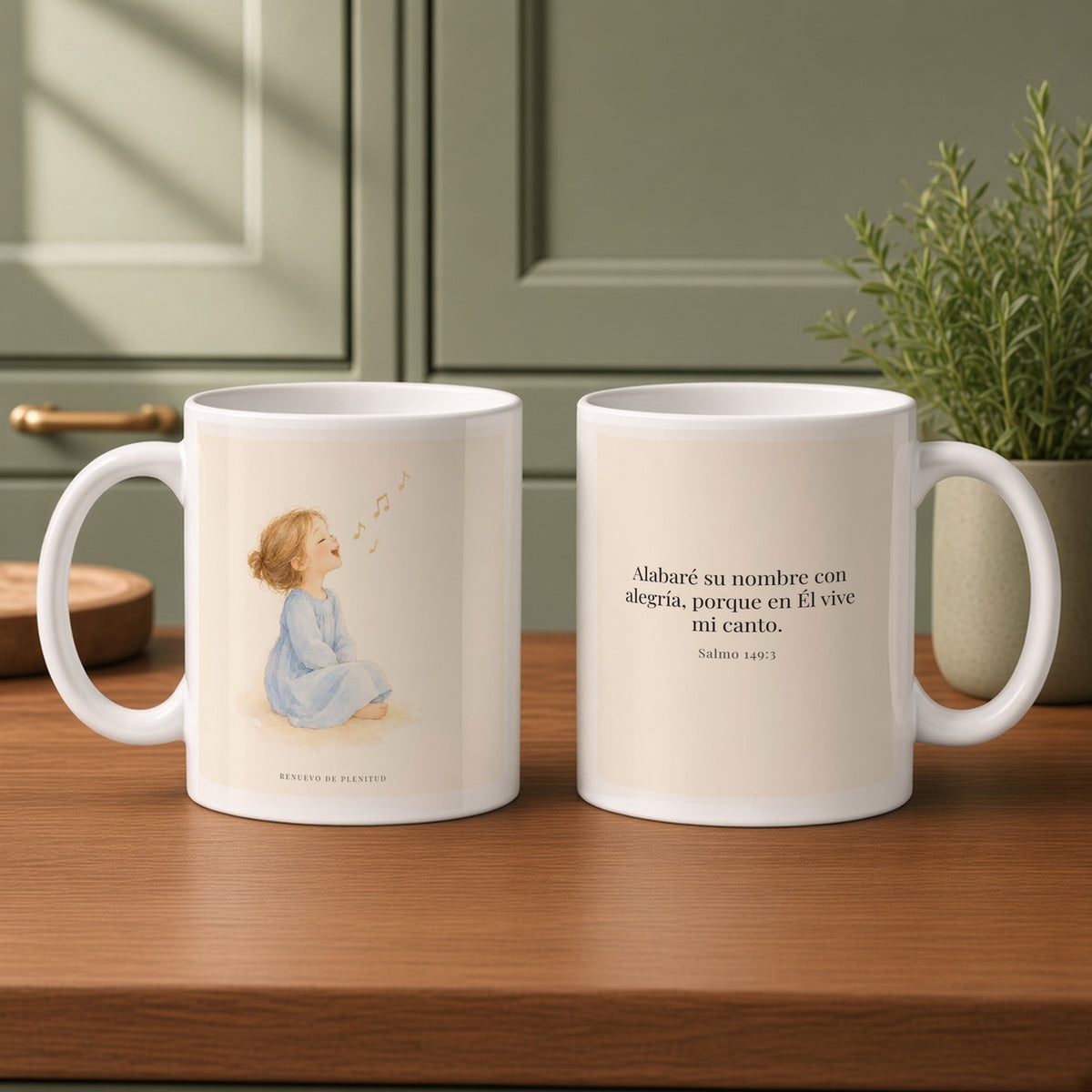 Alabaré su nombre con alegría | Taza devocional ilustrada | Salmo 149:3 — 11oz · Cocina verde salvia, arte y frase devocional en dos tazas