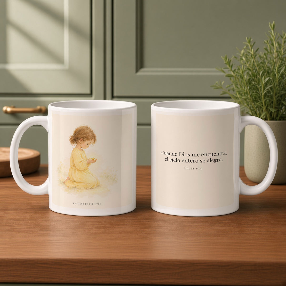 Dios se alegra cuando me encuentra | Taza de fe para cada mañana | Lucas 15:4 — 11oz · Cocina verde salvia, arte y frase devocional en dos tazas