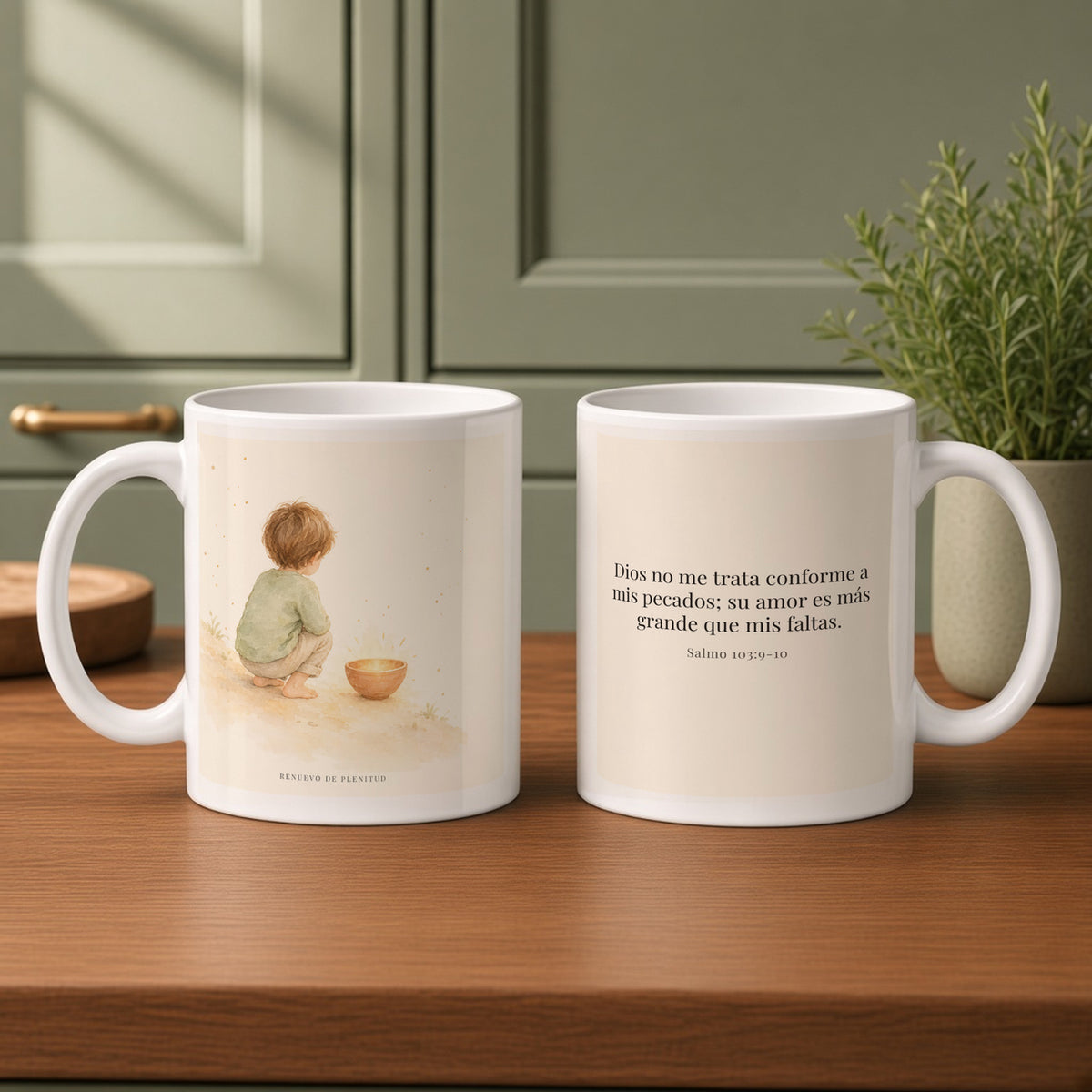 Dios no me trata como mis pecados merecen | Taza devocional ilustrada | Salmo 103:9-10 — 11oz · Cocina verde salvia, arte y frase devocional en dos tazas