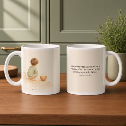Dios no me trata como mis pecados merecen | Taza devocional ilustrada | Salmo 103:9-10 — 11oz · Cocina verde salvia, arte y frase devocional en dos tazas