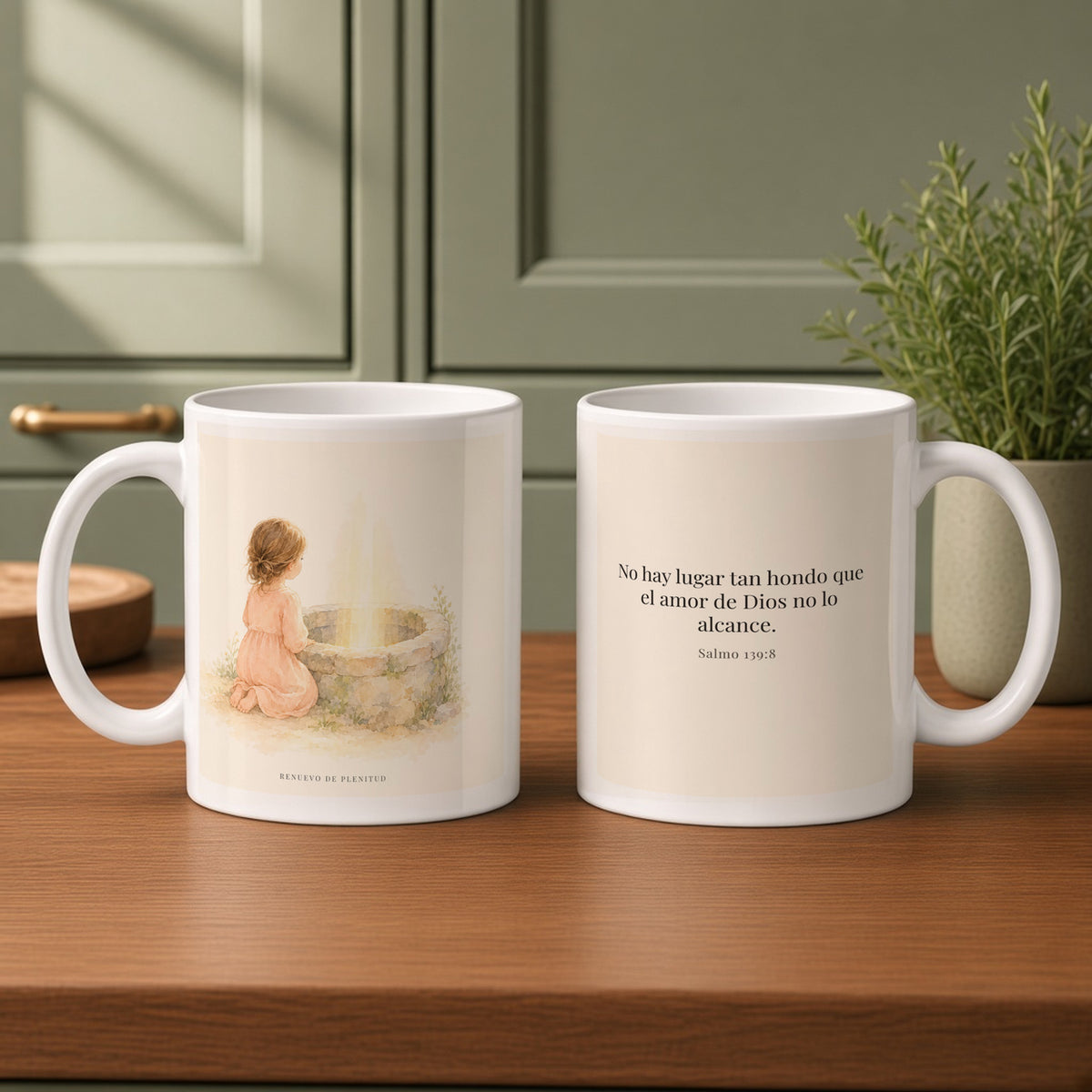 Su amor me alcanza donde yo no puedo | Taza con arte cristiano | Salmo 139:8 — 11oz · Cocina verde salvia, arte y frase devocional en dos tazas