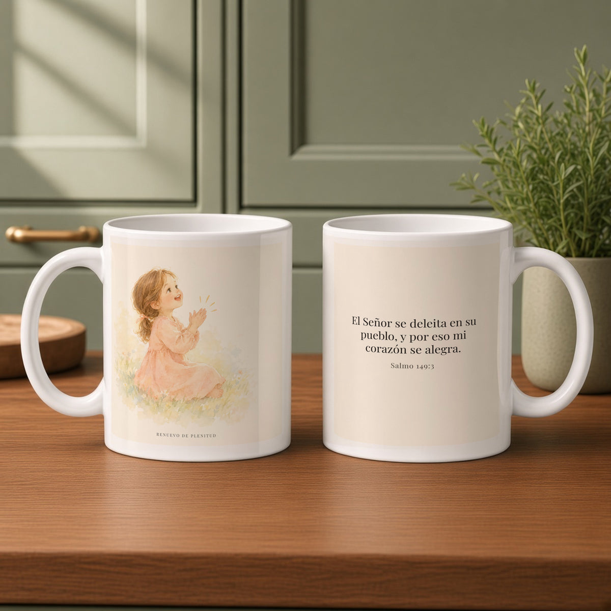 El Señor se deleita en su pueblo | Taza de inspiración bíblica | Salmo 149:3 — 11oz · Cocina verde salvia, arte y frase devocional en dos tazas