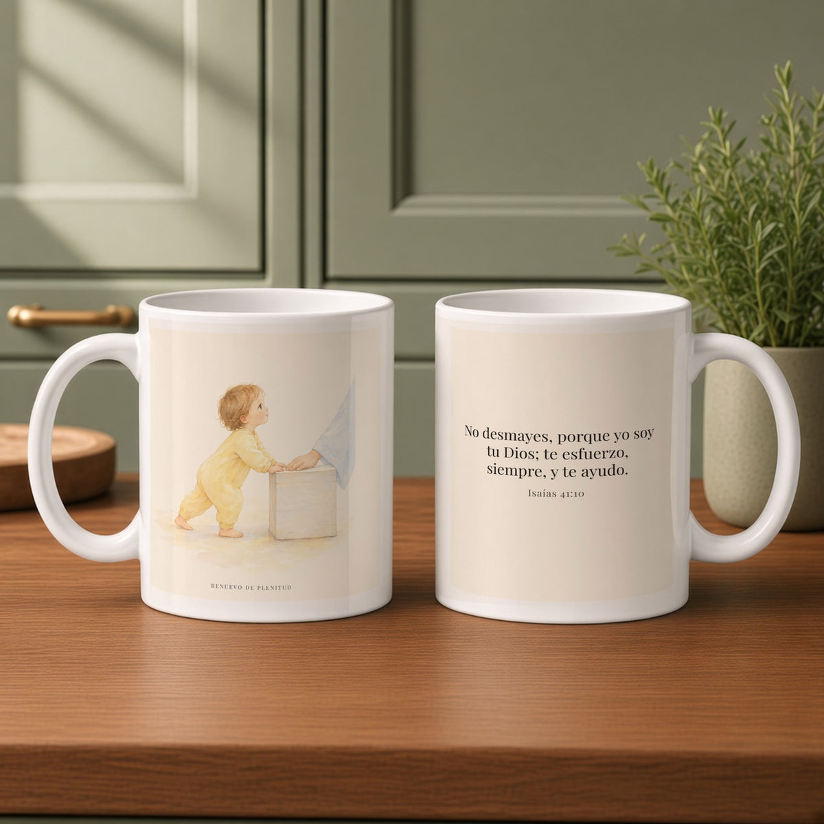 Dios me esfuerza y me ayuda | Taza bíblica para café | Isaías 41:10 — 11oz · Cocina verde salvia, arte y frase devocional en dos tazas