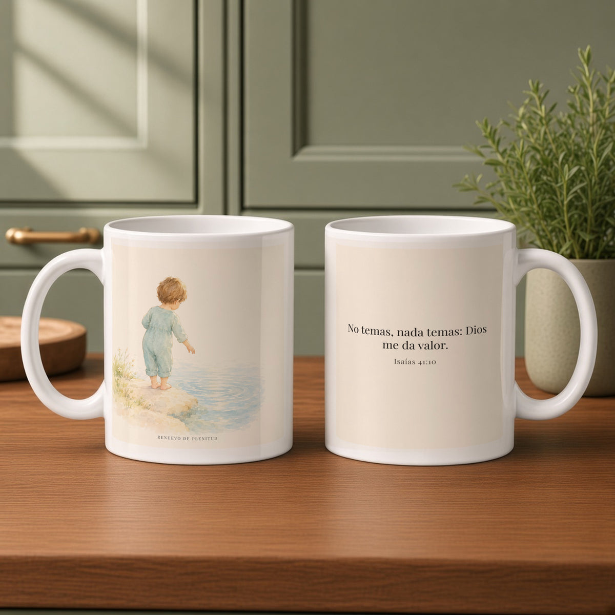 Dios me da valor cuando tiemblo | Taza cristiana con frase devocional | Isaías 41:10 — 11oz · Cocina verde salvia, arte y frase devocional en dos tazas