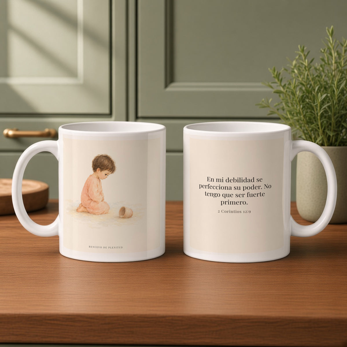 En mi debilidad se perfecciona su poder | Taza devocional de fe | 2 Corintios 12:9 — 11oz · Cocina verde salvia, arte y frase devocional en dos tazas