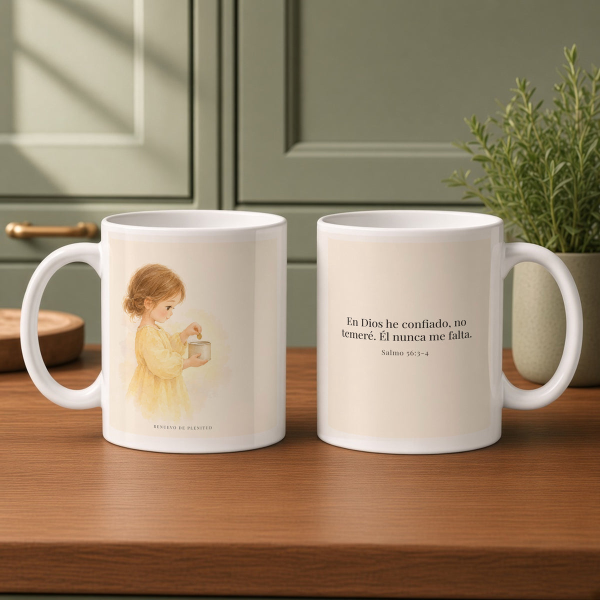 En Dios he confiado, no temeré | Taza cristiana con frase devocional | Salmo 56:3-4 — 11oz · Cocina verde salvia, arte y frase devocional en dos tazas