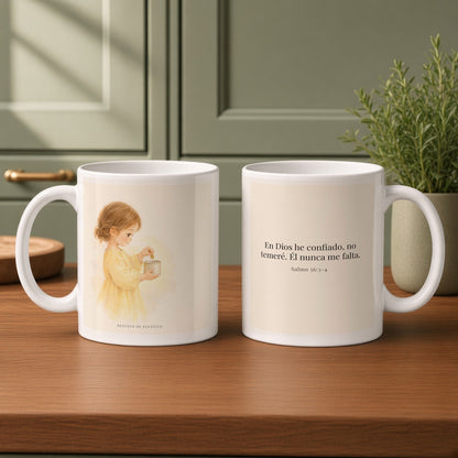 En Dios he confiado, no temeré | Taza cristiana con frase devocional | Salmo 56:3-4 — 11oz · Cocina verde salvia, arte y frase devocional en dos tazas
